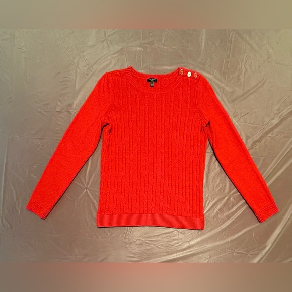 Talbots Red Pop Soft Cable Knit Crewneck Sweater w/ Gold Button Shoulder Size SP - Picture 3 of 11